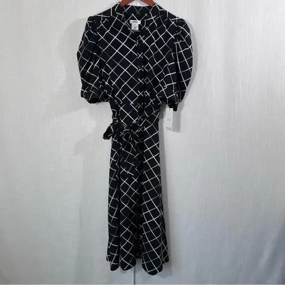 DKNY NWT Button Front Puff Sleeve Belted Midi Dress Size 8 - Picture 4 of 16